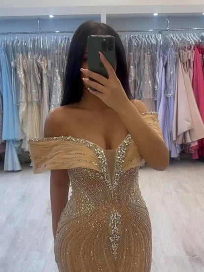 Luxury Saudi Arabic Gold Luxury Crystal Beaded Mermaid Evening Dress LA73142A