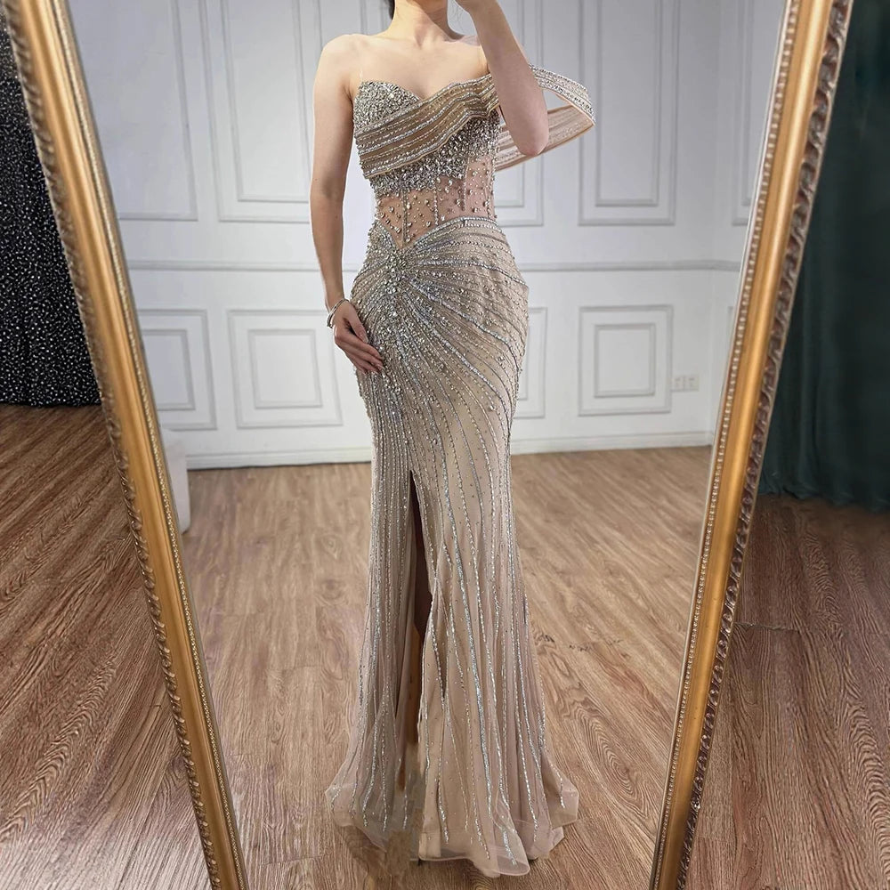 Luxury Pink Crystal One Shoulder Beaded Evening Dress Split LA73197