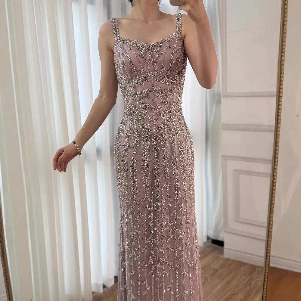 Luxury Arabic Blue Spaghetti Strap Mermaid Evening Dress Beaded LA72725