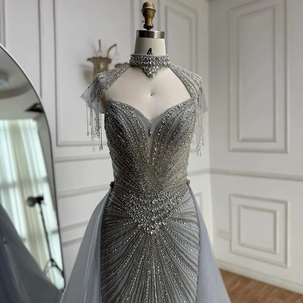 Luxury Nude Beaded Mermaid Evening Dress with Overskirt LA73182