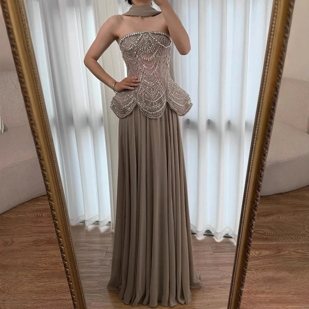Luxury Designer Nude Beaded Chiffon Evening Dress Wedding LA72915