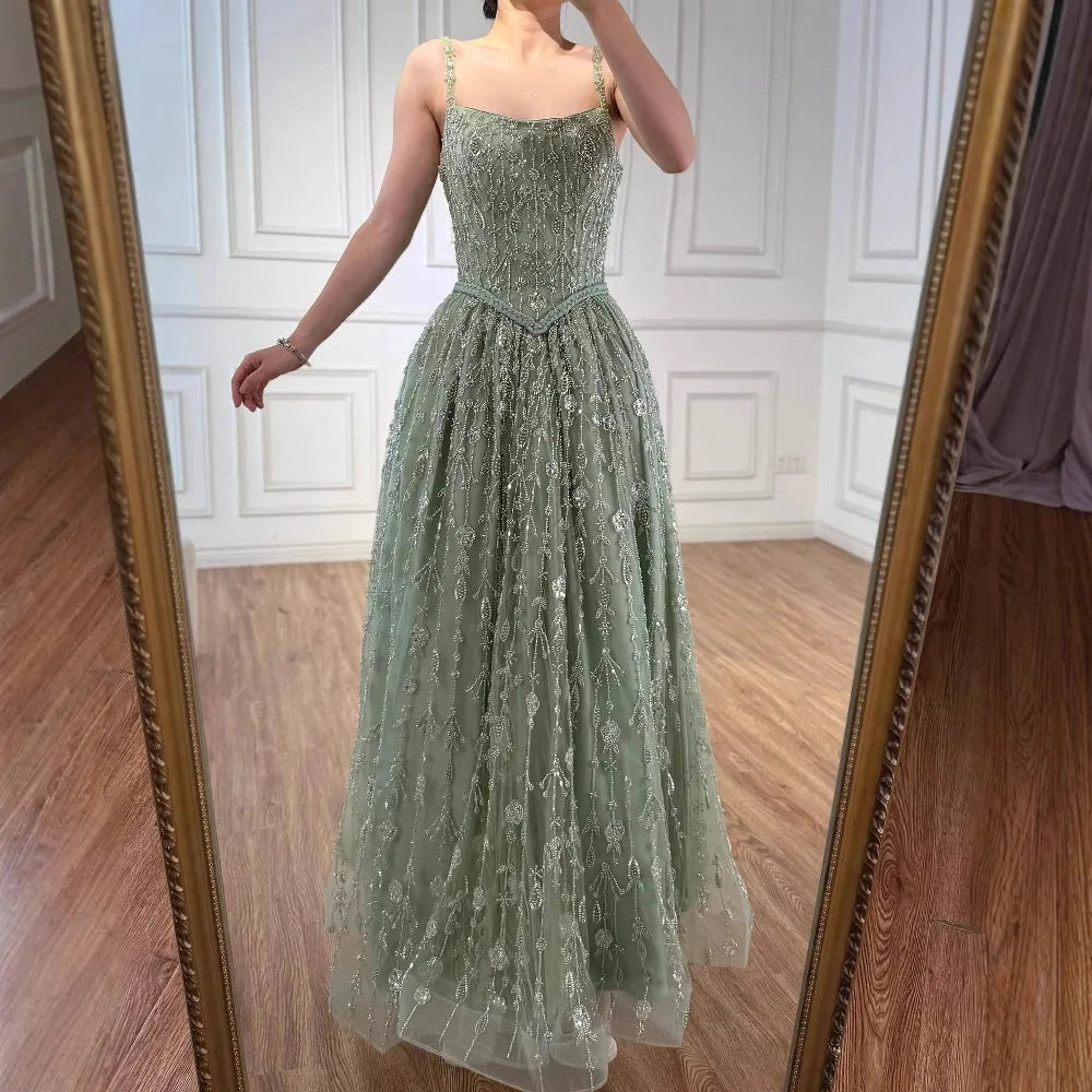 Luxury Sage Green Beaded A Line Spaghetti Strap Evening Dresses Gown LA72805
