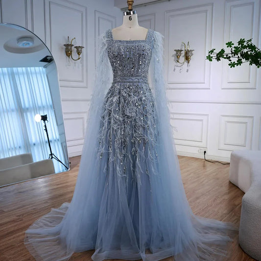 Elegant Blue Beaded Feather A-Line Evening Dress With Cape  LA73043