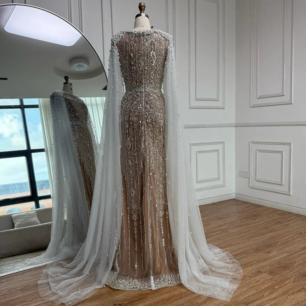 Luxury White Nude Mermaid Pearls Beaded Evening Dress with Cape Sleeves LA72444