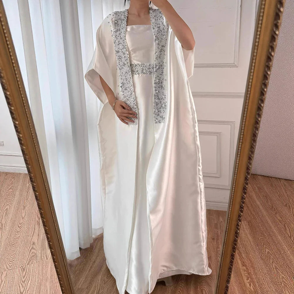 Luxury Dubai White Satin Mermaid Evening Dress with Long Cape LA72825