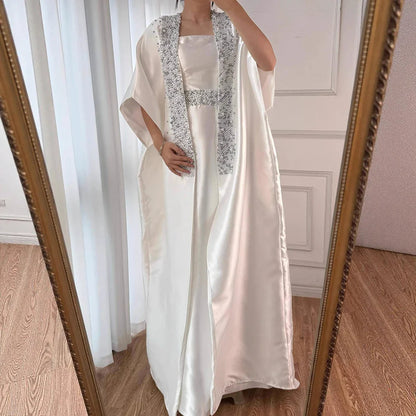 Luxury Dubai White Satin Mermaid Evening Dress with Long Cape LA72825