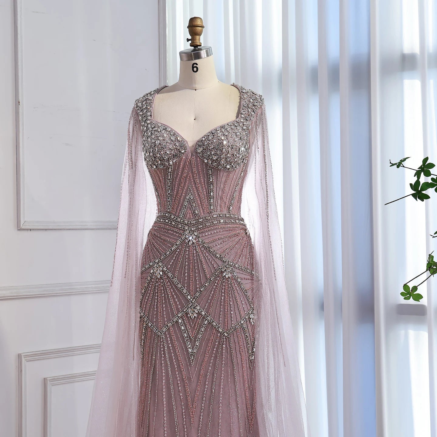 Luxury Dubai Pink Beaded Evening Dress With Cape LA73329