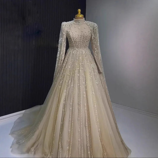 Luxury Nude Muslin Modest Beaded Evening Dress with Cape LA73271