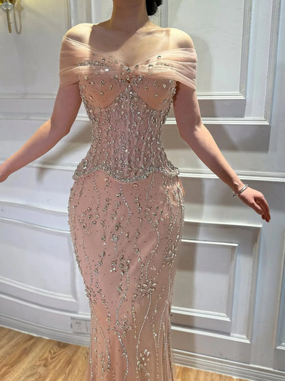 Luxury Nude Beaded Mermaid Evening Dress LA73336