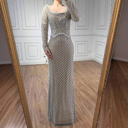 Luxury Pearl Beaded Mermaid Evening Dress with Long Sleeves LA72919A