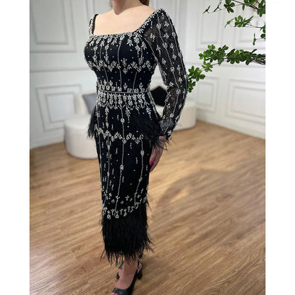 Luxury Black Feathers Midi Evening Dress with Long Sleeve LA71492AM