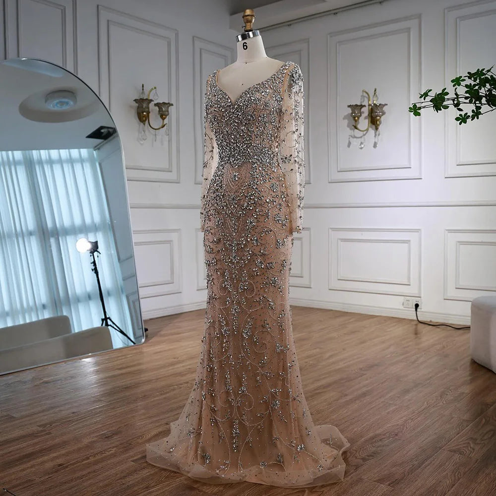 Luxury Nude Beaded Crystal Mermaid Evening Dress with Long Sleeves LA73042