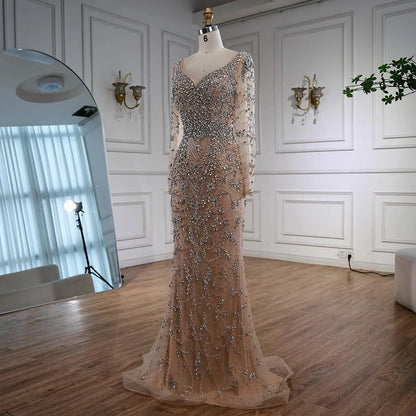 Luxury Nude Beaded Crystal Mermaid Evening Dress with Long Sleeves LA73042