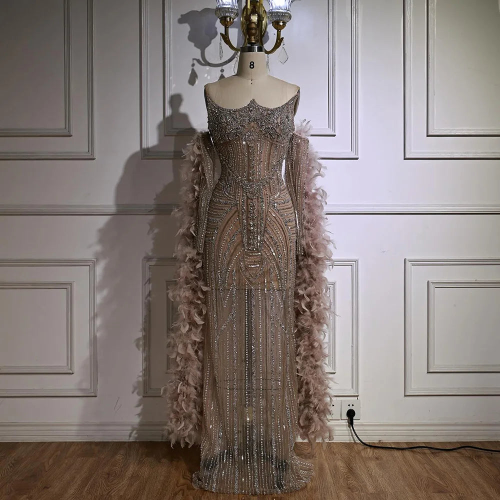 Luxury Caramel Beaded Mermaid Evening Dress with Feather Sleeves LA73055