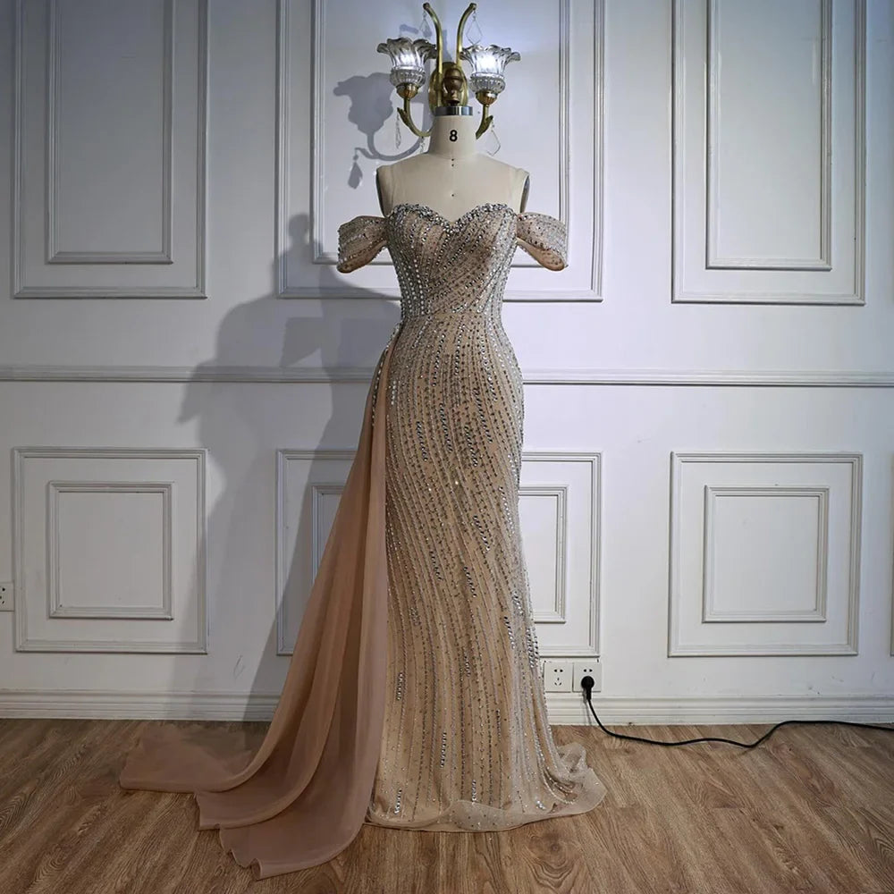 Nude Luxury Beaded Mermaid Evening Dresses With Overskirt Gown For Formal Occasion LA72911