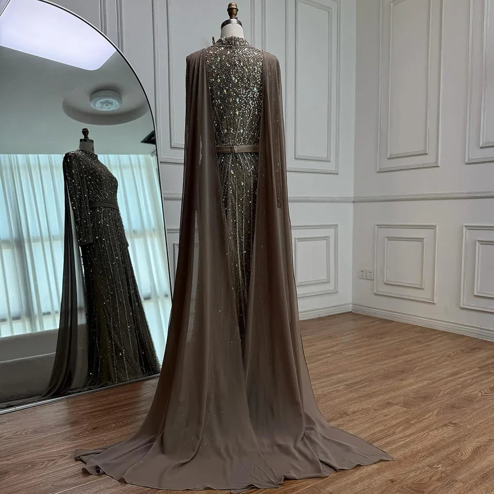 Modest Luxury Caramel Beaded Long Sleeve Evening Dress LA72569A