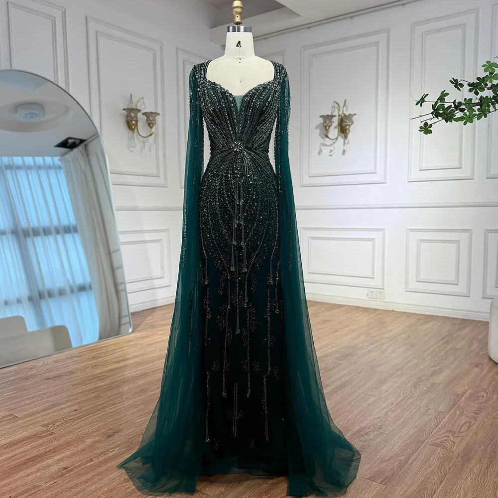 Elegant Beige Beaded Evening Dress with Cape Sleeves LA72992