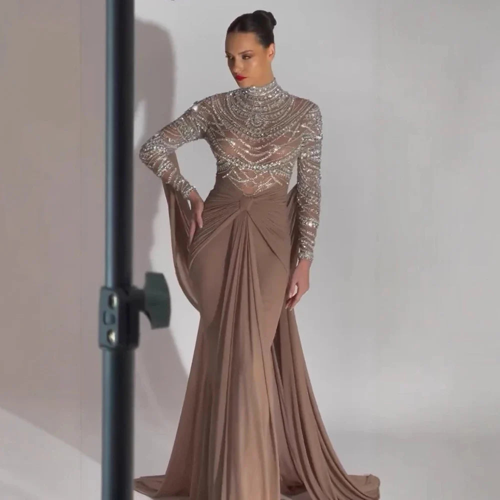 Luxury Designer Modest Brown Stretch Material Mermaid Evening Dress LA72993