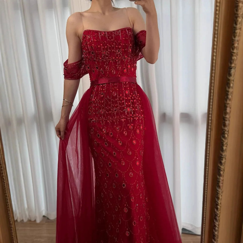 Luxury Caramel Beaded Mermaid Evening Dress with Overskirt LA71922