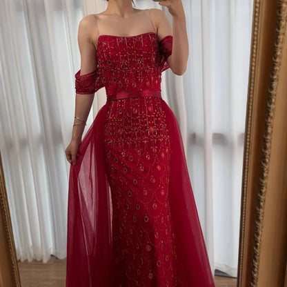 Luxury Caramel Beaded Mermaid Evening Dress with Overskirt LA71922