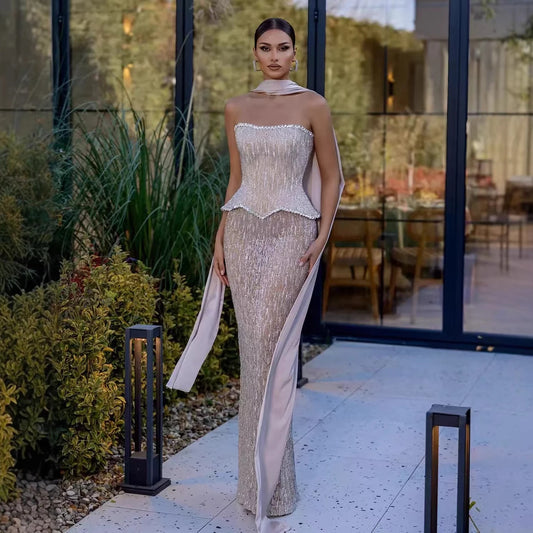 Luxury Nude 2 Pieces Pearl Sequin Evening Dress with Scarf LA73076A