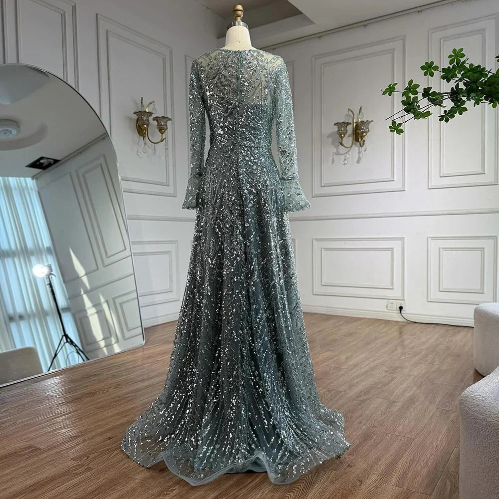 Luxury Turquoise Beaded A-Line Evening Dress with Puffy Sleeves LA73177