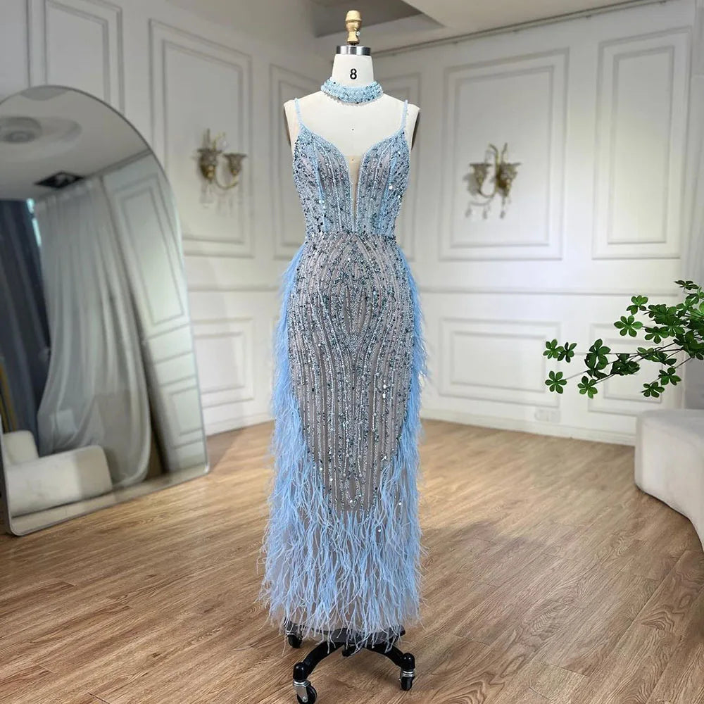 Luxury White Nude Mermaid Spaghetti Strap Beaded Feather Evening Dress LA72047