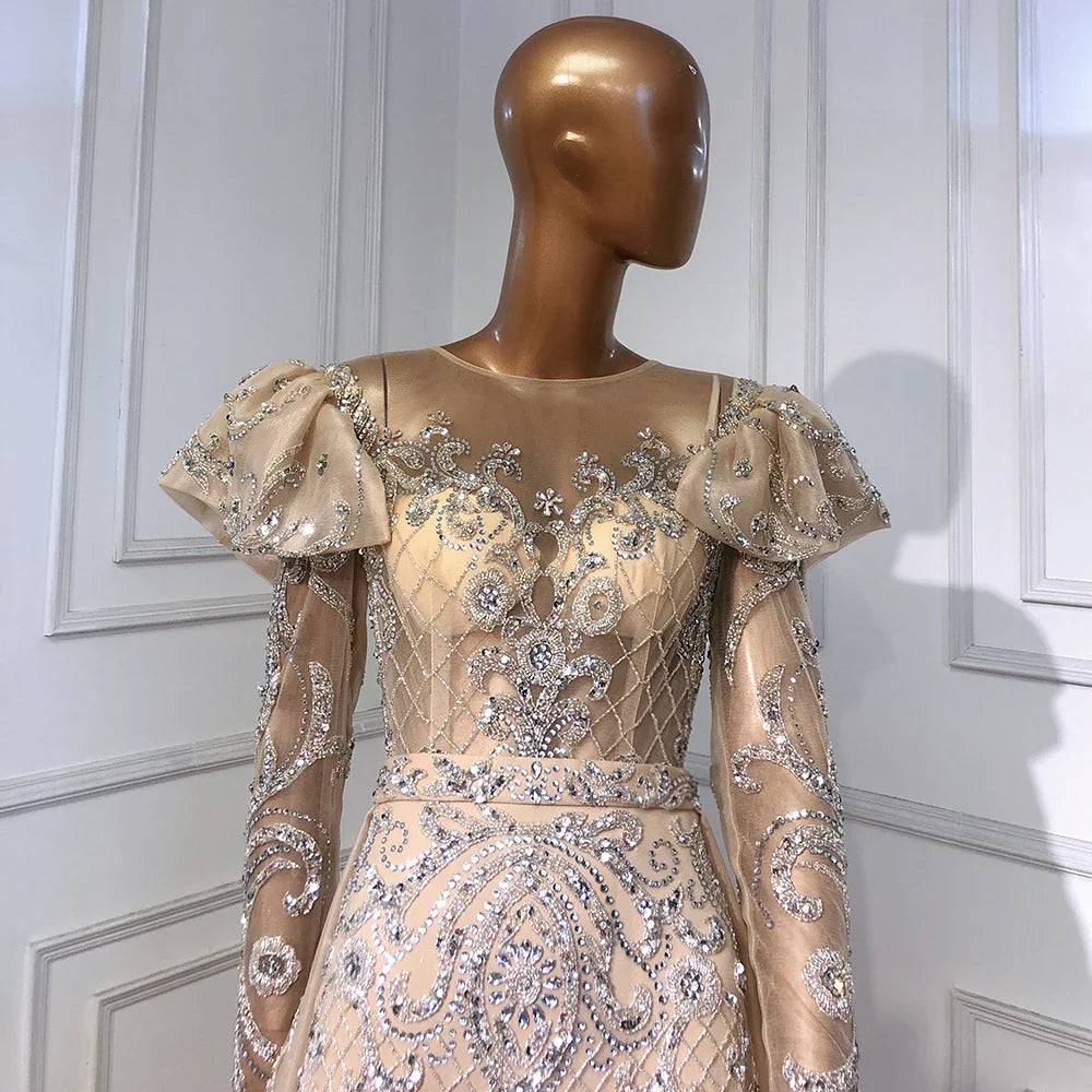 Luxury Nude Beaded Mermaid Evening Dress with Overskirt LA71352