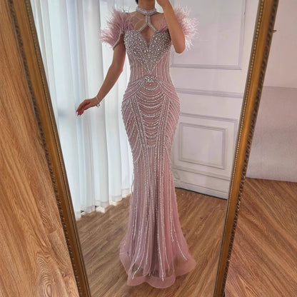 Luxury Pink Feather Halter Beaded Evening Gown for Wedding Party LA73212