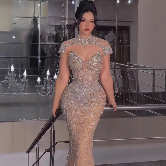 Nude Mermaid Evening Dress with Detachable Beaded High Neck LA73087