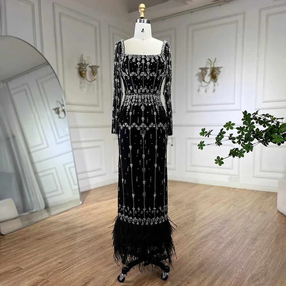 Muslim Luxury Feather Ankle Evening Dress with Long Sleeves LA71722