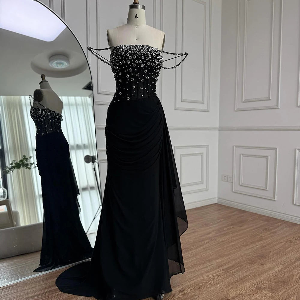 שמלת נשף בתולת ים שחורה יוקרתית עם חרוזים ורצועות ספגטי LA73047