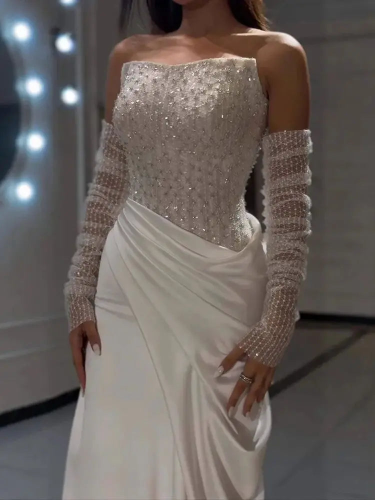 White Strapless Beaded Evening Dress with Detachable Sleeves LA72293A