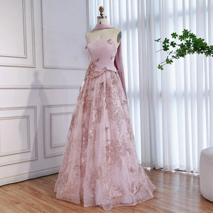 Luxury Pink Two Pieces A-Line Evening Dress with Cape LA73415