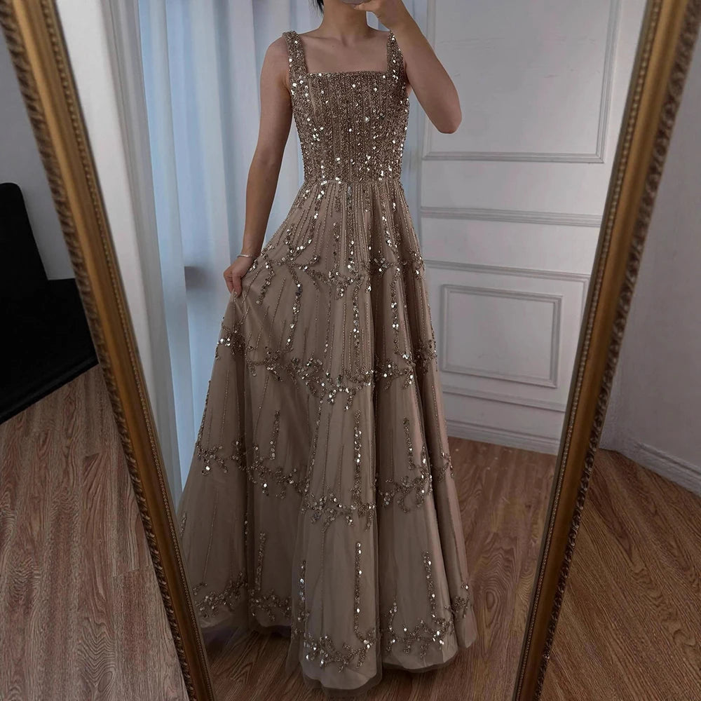 Elegant Sage Green Beaded A-Line Evening Dress LA73064