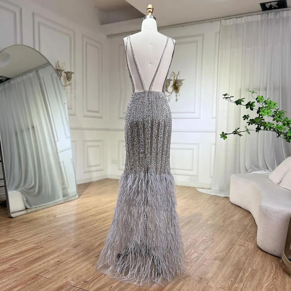 Luxury Silver Feather Mermaid V-Neck Evening Dress LA60749