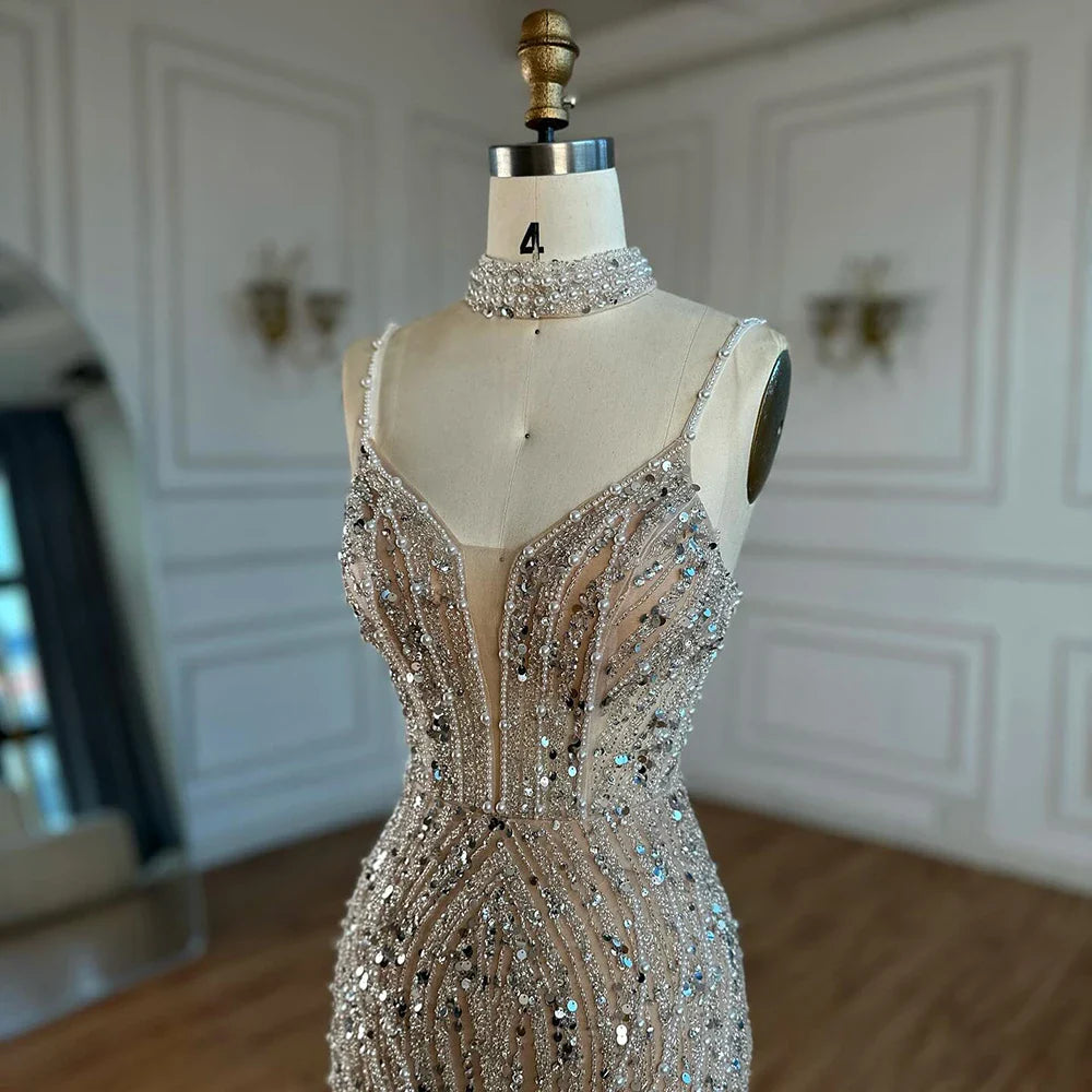 White Nude Beaded Mermaid Evening Dress with Spaghetti Straps LA72047D