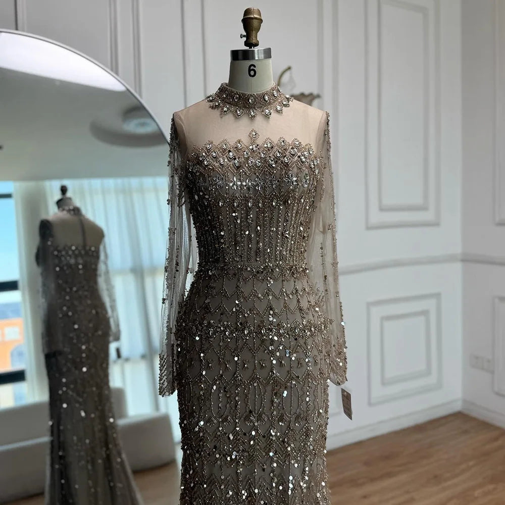 Luxury Arabic Turquoise Beaded Mermaid Evening Dress Long Sleeve LA72714C