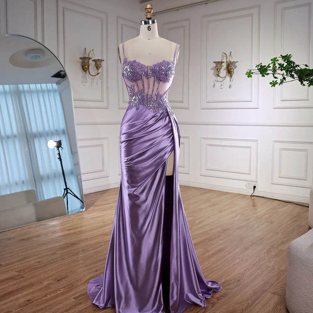 Luxury Mint Green Satin Beaded Prom Dress with Slit LA72995