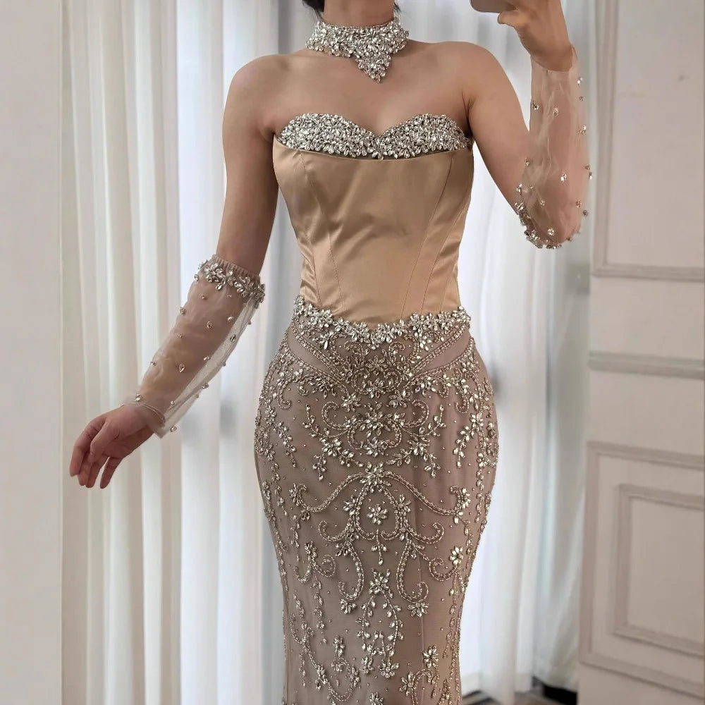 Luxury Caramel Sheer Corset Beaded Evening Dress with Gloves LA72929A