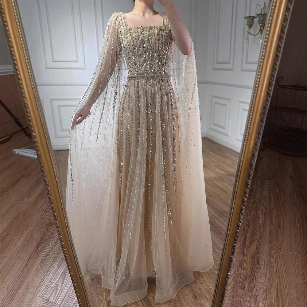 Luxury Dubai Square Neck Beaded Evening Gown with Cape LA73188