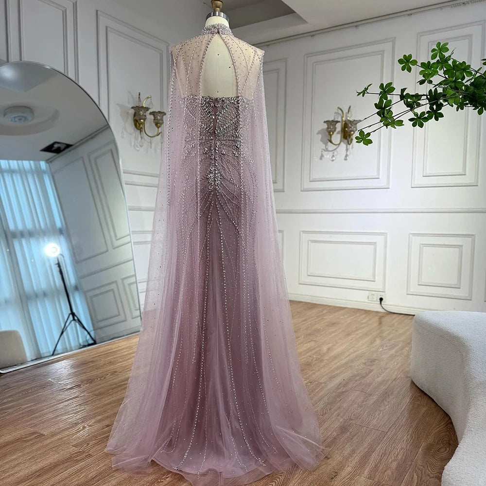 Luxury Dubai Nude Mermaid Evening Dress with Cape Sleeves LA73195