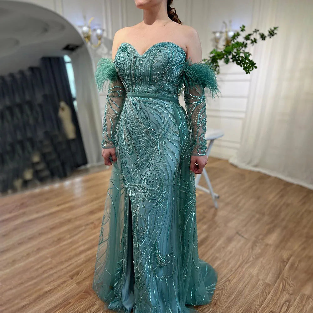 Luxury Arabic Nude Mermaid High Split Feather Beaded Evening Dress LA71910