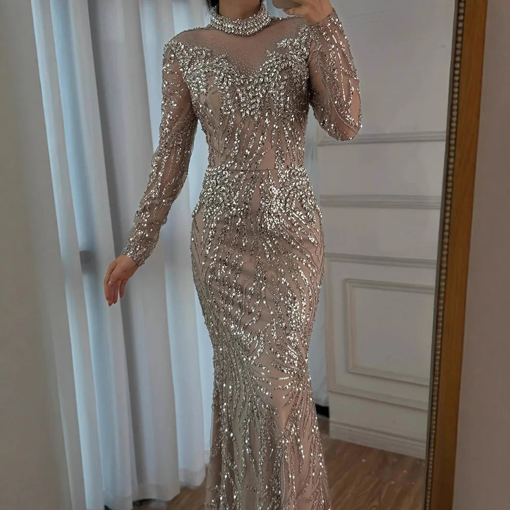 Luxury Silver Nude Beaded Mermaid Evening Dress LA73083