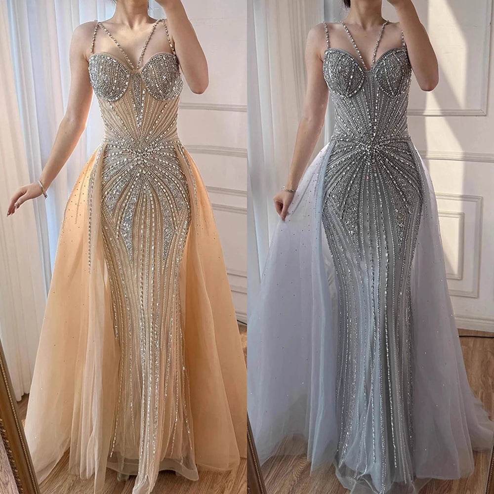 שמלת ערב בתולת ים ללא כתפיות וחרוזים בגוון עירום עם חצאית עליונה LA73090 