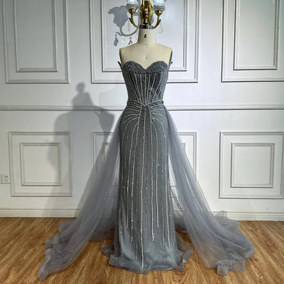 Pink Pearls Beaded Arabic Mermaid Evening Dress with Overskirt LA72811B