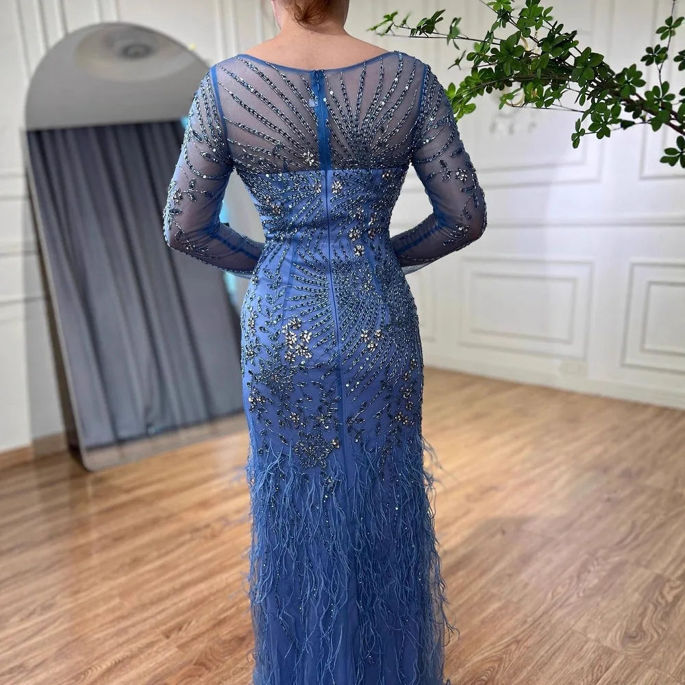Arabic Blue Feather Beaded Mermaid Evening Dress for Women LA71818