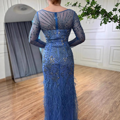 Arabic Blue Feather Beaded Mermaid Evening Dress for Women LA71818