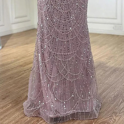 Luxury Blue Mermaid Evening Dress with Cape Sleeves Beaded Gown LA72160A