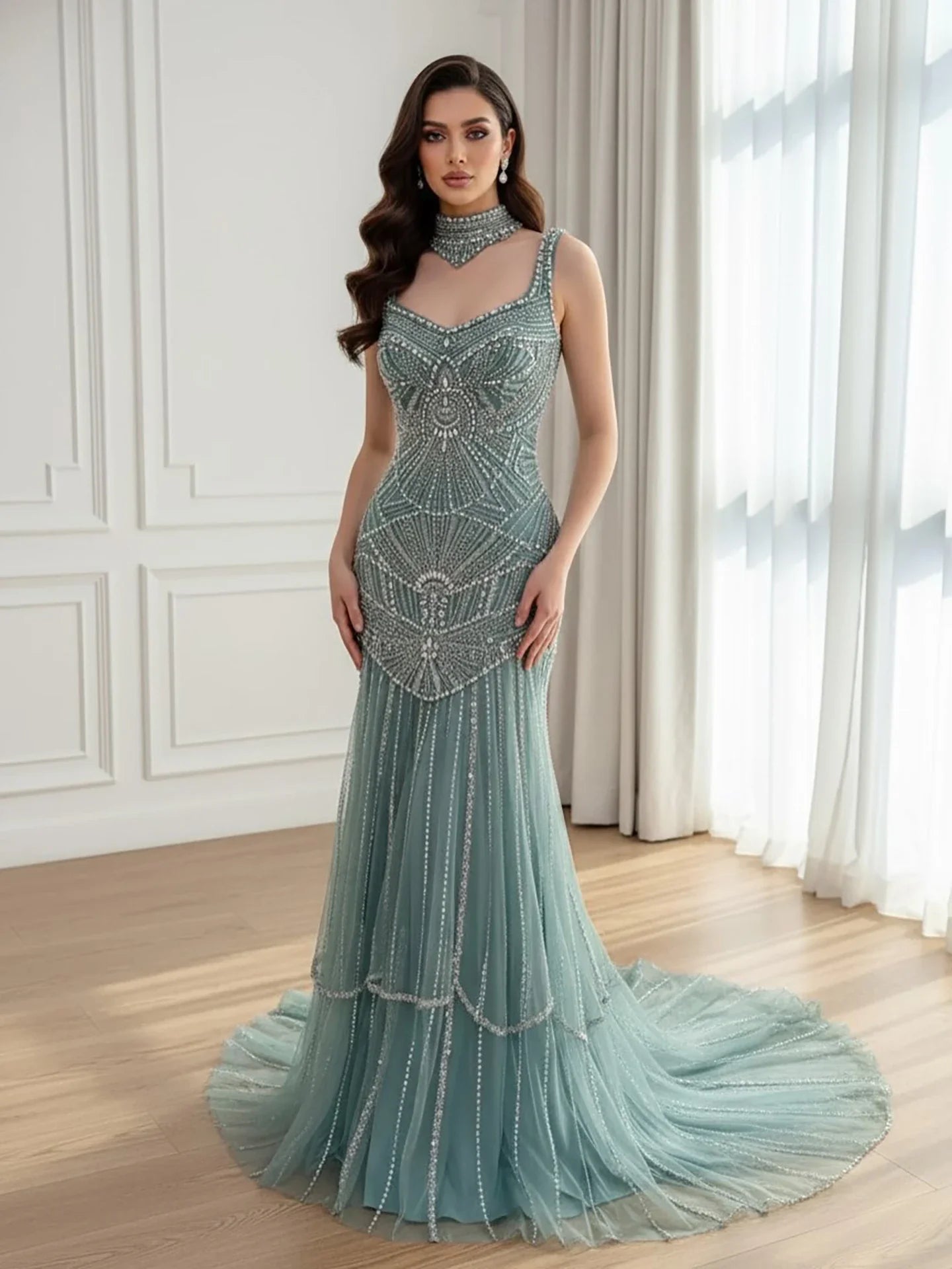 Luxury Turquoise Arabic Mermaid Beaded Evening Dress LA73189B